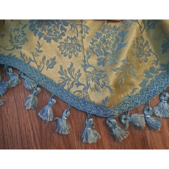 Vintage Damask Curtain Valance W Tassels Gold Brocade Blue Pinch Pleat 12x52 - Picture 2 of 5